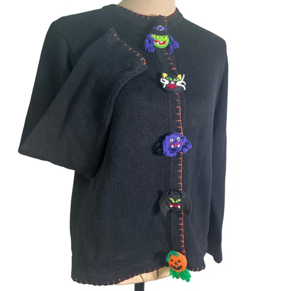 Lemon Grass Black Halloween Embroidered Knit Cardigan Sweater Vintage 90's M - Picture 1 of 15